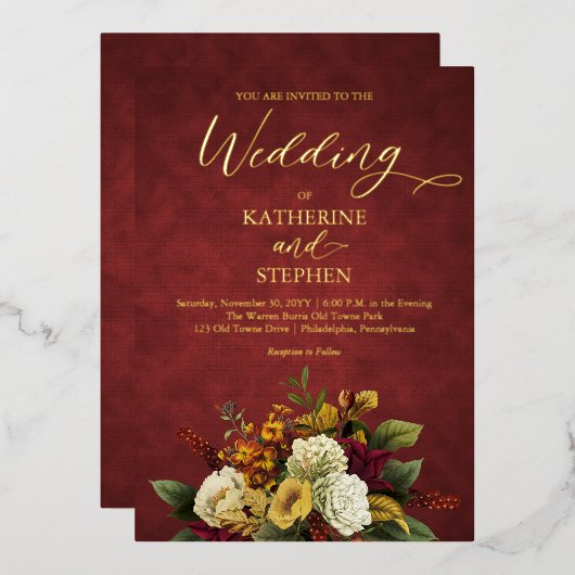 Rustic Red | SINAASAPPEL | Gold Floral Bouquet Wed Folie Uitnodiging (Voorkant / Achterkant)