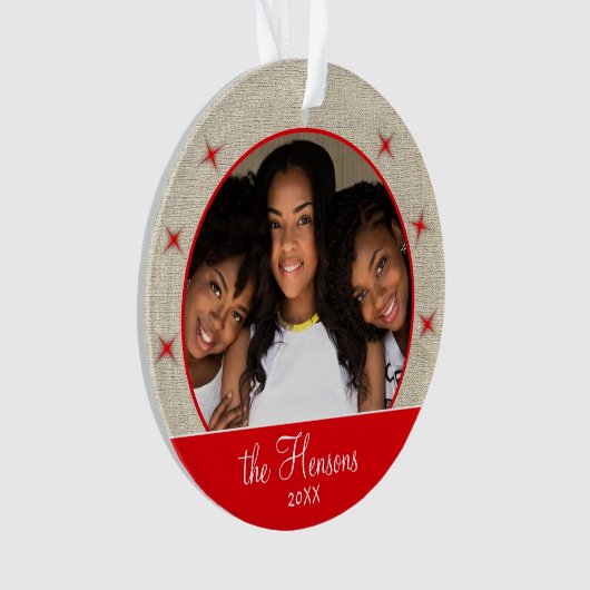 Rustic Red Snowflake Foto met kerstmis Ornament (voorkant)