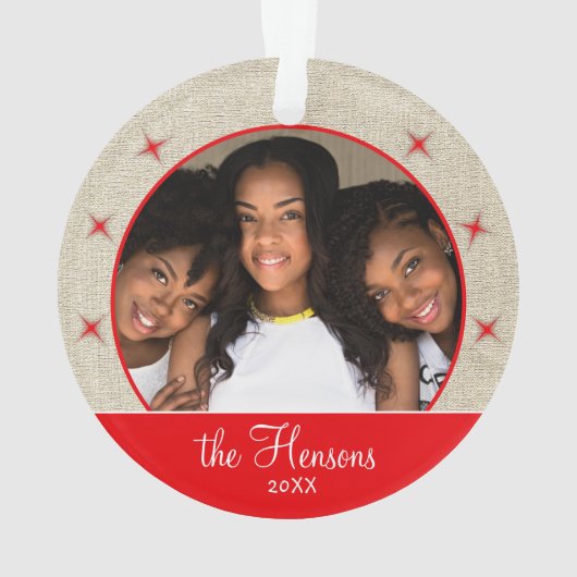 Rustic Red Snowflake Foto met kerstmis Ornament (achterkant)