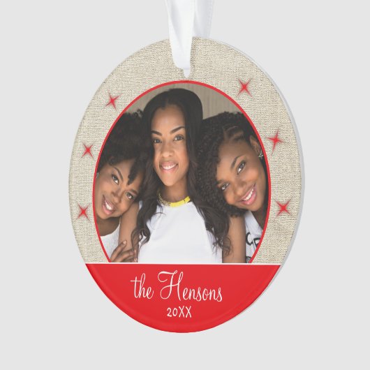 Rustic Red Snowflake Foto met kerstmis Ornament (voorkant)