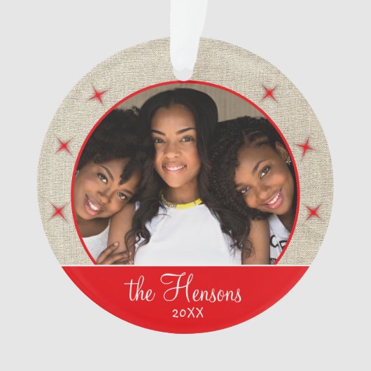 Rustic Red Snowflake Foto met kerstmis Ornament (voorkant)