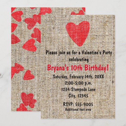Rustic Red Stamped Heart Burlap Valentijn Party Kaart (Voorkant / Achterkant)