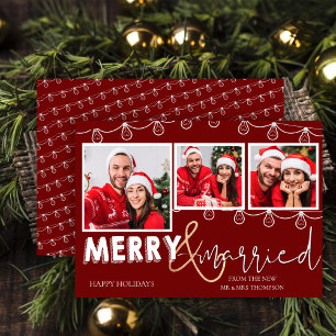 Rustic Red String Lights Vrolijk & Getrouwd Foto Feestdagenkaart