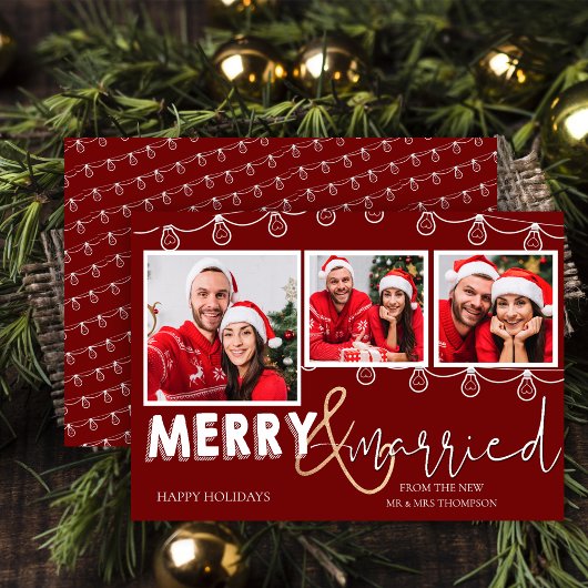 Rustic Red String Lights Vrolijk & Getrouwd Foto Feestdagenkaart