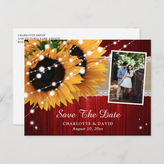 Rustic Red Sunflower Save the Date Photo Briefkaar Aankondigingskaart (Voorkant / Achterkant)