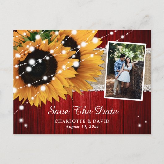 Rustic Red Sunflower Save the Date Photo Briefkaar Aankondigingskaart (Voorkant)