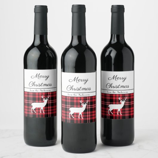 Rustic Red Tartan Plaid Deer Kerstmis Wijn Etiket (Flessen)