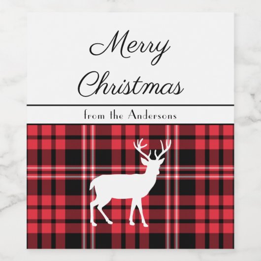 Rustic Red Tartan Plaid Deer Kerstmis Wijn Etiket (Enkel label)