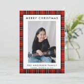 Rustic Red Tartan Pset Merry-kerstfotokaart (Staand voorkant)
