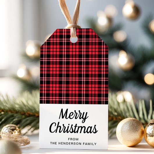 Rustic Red Tartan Pset Merry Kerstmis Cadeaulabel