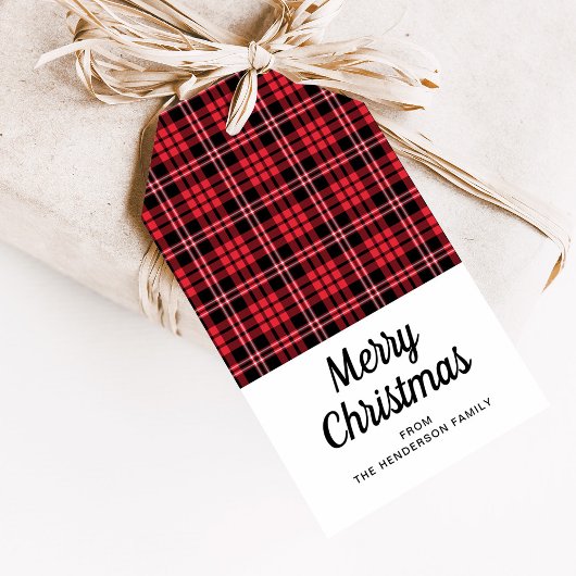 Rustic Red Tartan Pset Merry Kerstmis Cadeaulabel