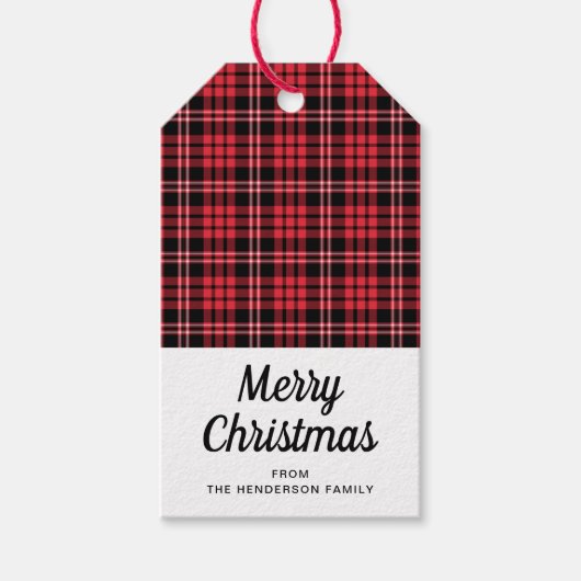 Rustic Red Tartan Pset Merry Kerstmis Cadeaulabel (Voorkant)