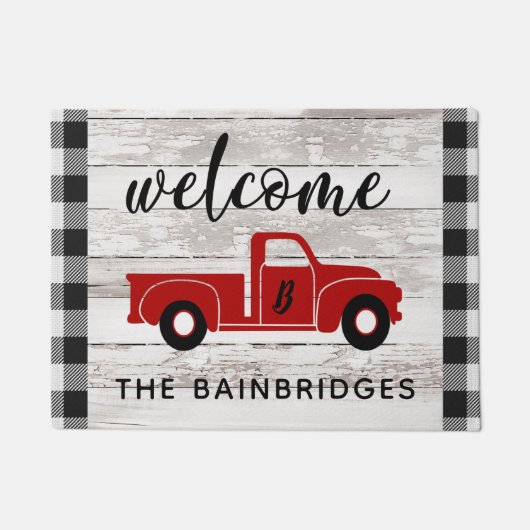 Rustic Red  Truck Buffalo Controleer Familienaam Deurmat (Voorkant)