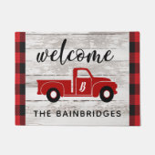 Rustic Red Truck Buffalo Controleer Familienaam Deurmat (Voorkant)