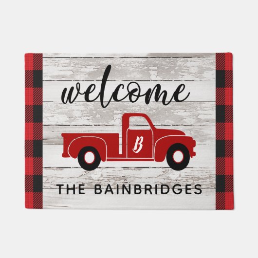 Rustic Red  Truck Buffalo Controleer Familienaam Deurmat (Voorkant)