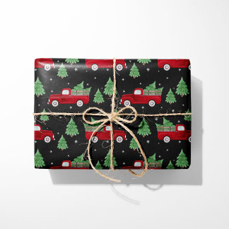 Rustic Red Truck Christmas Wrapping Paper on Black Cadeaupapier