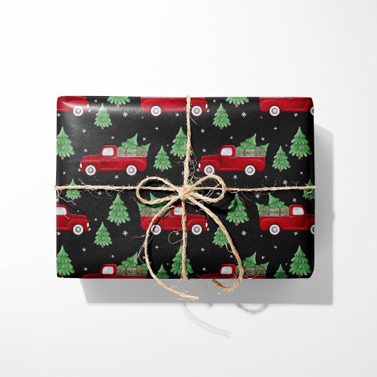 Rustic Red Truck Christmas Wrapping Paper on Black Cadeaupapier