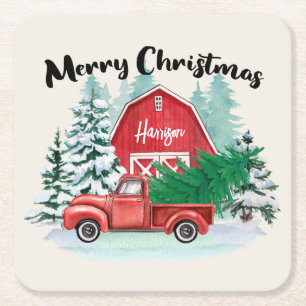 Rustic Red Truck Farmhouse Kerstmis op maat Kartonnen Onderzetters