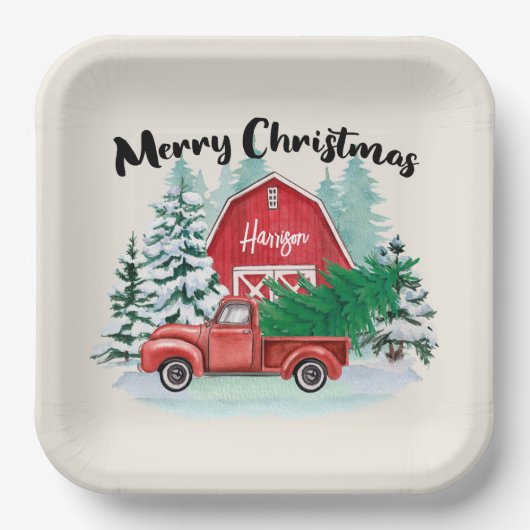 Rustic Red Truck Farmhouse Kerstplein Papieren Bordje (Voorkant)