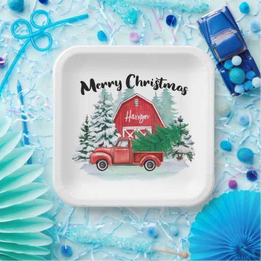 Rustic Red Truck Farmhouse kerstvierkant wit Papieren Bordje (Feest)