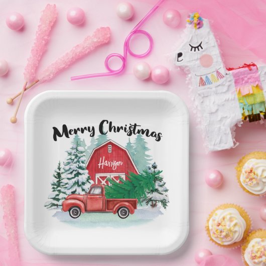 Rustic Red Truck Farmhouse kerstvierkant wit Papieren Bordje (Feest)