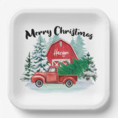 Rustic Red Truck Farmhouse kerstvierkant wit Papieren Bordje (Voorkant)