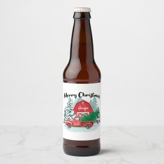 Rustic Red Truck Farmhouse kerstwit Bier Etiket (Voorkant)