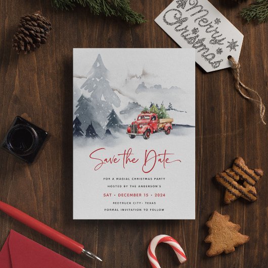 Rustic Red Truck Kerstfeest Save the Date Feestdagenkaart