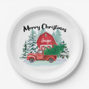 Rustic Red Truck White - gevarieerde kerstboom Papieren Bordje