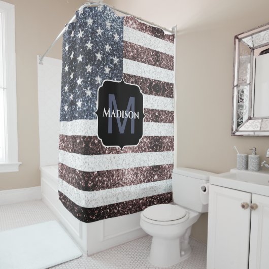 Rustic Red White Blue Sparkles USA vlag Monogram Douchegordijn (In situ)