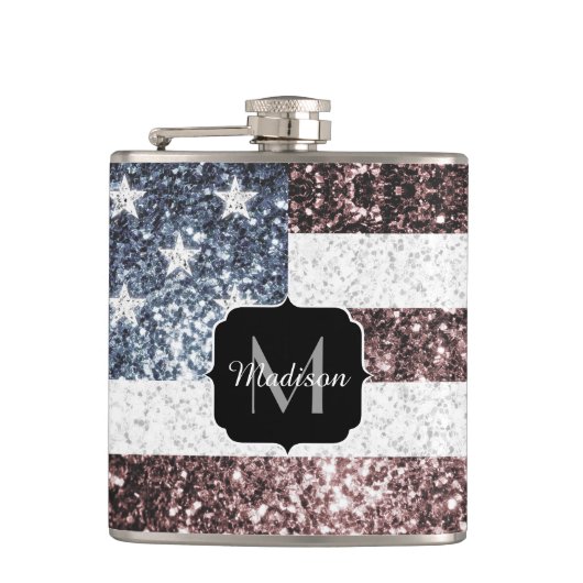 Rustic Red White Blue Sparkles USA vlag Monogram Heupfles (Voorkant)