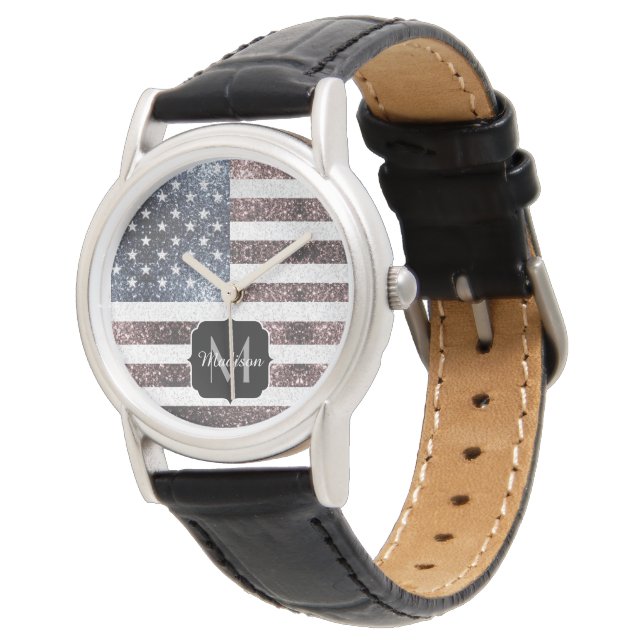 Rustic Red White Blue Sparkles USA vlag Monogram Horloge (Gekanteld)