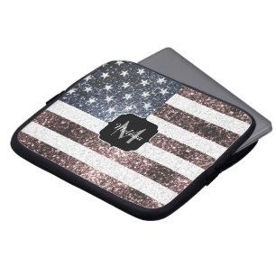 Rustic Red White Blue Sparkles USA vlag Monogram Laptop Sleeve