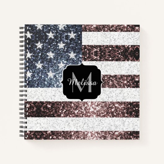 Rustic Red White Blue Sparkles USA vlag Monogram Notitieboek (Voorkant)