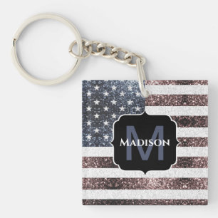 Rustic Red White Blue Sparkles USA vlag Monogram Sleutelhanger