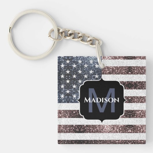 Rustic Red White Blue Sparkles USA vlag Monogram Sleutelhanger (voorkant)