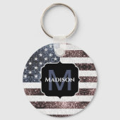 Rustic Red White Blue Sparkles USA vlag Monogram Sleutelhanger (Voorkant)