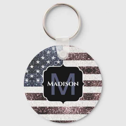 Rustic Red White Blue Sparkles USA vlag Monogram Sleutelhanger (Voorkant)
