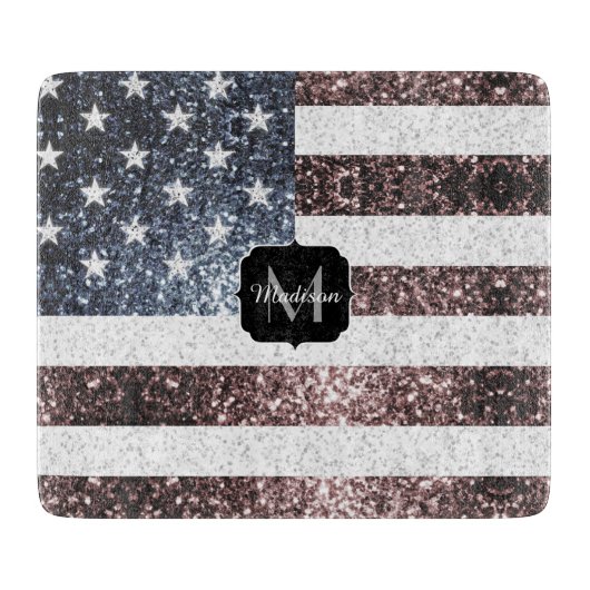 Rustic Red White Blue Sparkles USA vlag Monogram Snijplank (Voorkant)