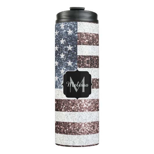 Rustic Red White Blue Sparkles USA vlag Monogram Thermosbeker (Voorkant)