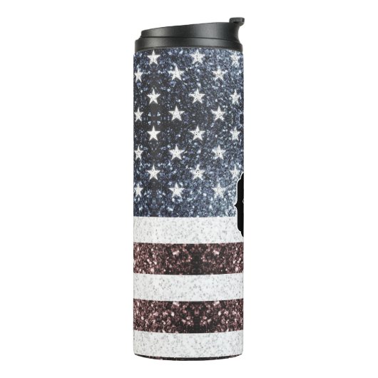 Rustic Red White Blue Sparkles USA vlag Monogram Thermosbeker (Gedraaid links)