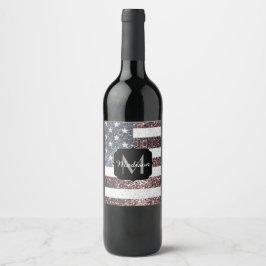 Rustic Red White Blue Sparkles USA vlag Monogram Wijn Etiket
