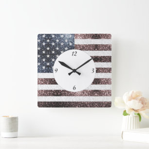 Rustic Red White Blue Sparkles USA vlag Vierkante Klok