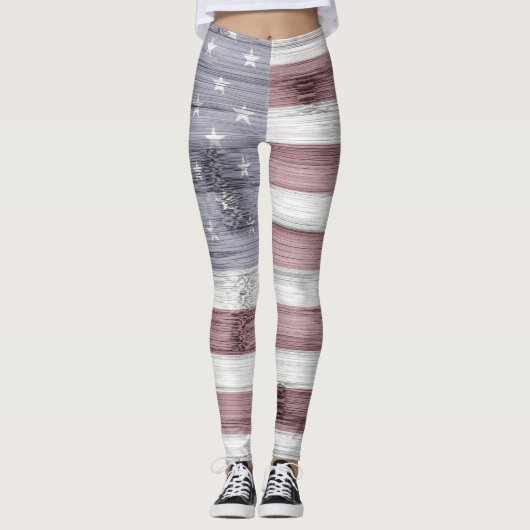 Rustic Red White Blue Wood USA vlag Amerika Leggings (Voorkant)