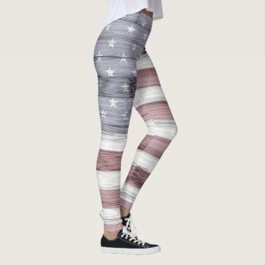 Rustic Red White Blue Wood USA vlag Monogram Leggings (Rechts)
