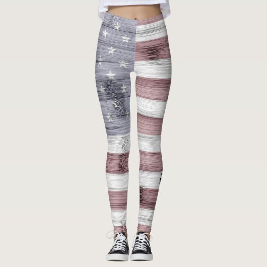Rustic Red White Blue Wood USA vlag Monogram Leggings (Voorkant)