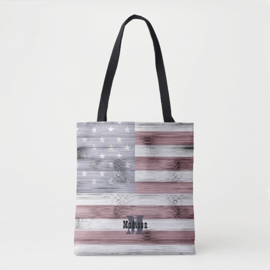 Rustic Red White Blue Wood USA vlag Monogram Tote Bag (Voorkant)