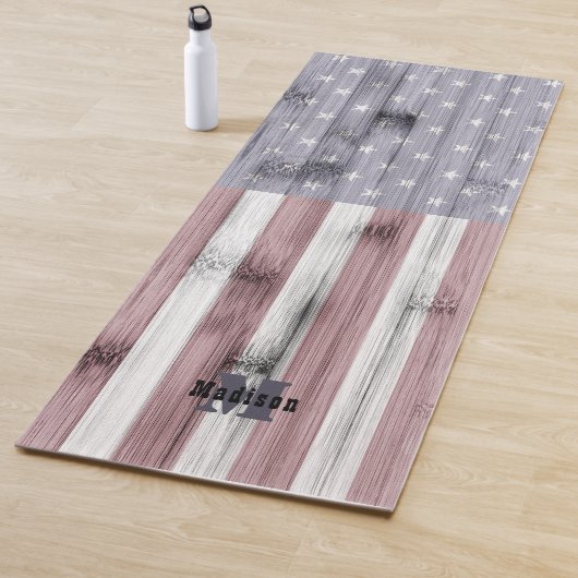 Rustic Red White Blue Wood USA vlag Monogram Yogamat (In situ)