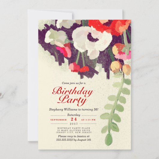 Rustic Red White Floral Art Birthday Party Invite Kaart (Voorkant)