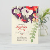 Rustic Red White Floral Art Birthday Party Invite Kaart (Staand voorkant)